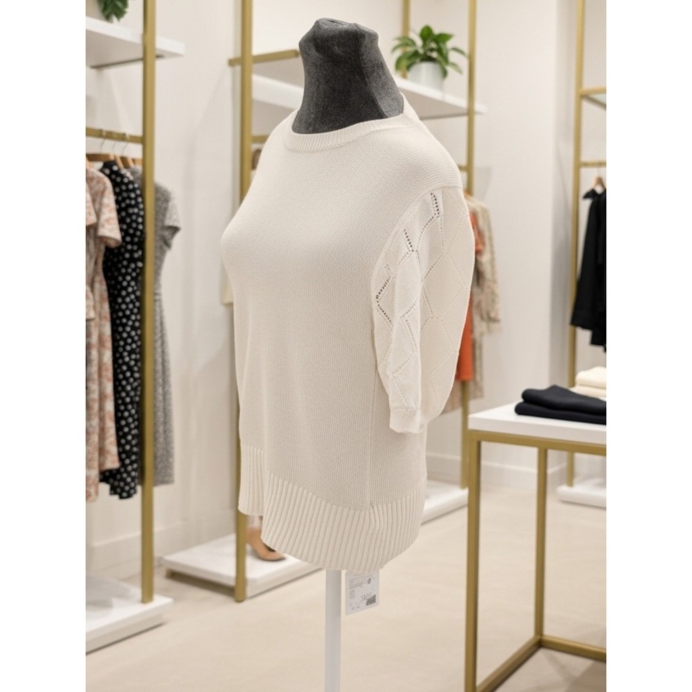 Yesfashion Ivory Diamond-Knit Pullover Sweater Round Neck Short Balloon Sleeve M